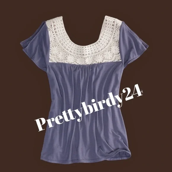 Y2K AEO Eggplant Floral Crochet Collar Blouse - Picture 1 of 7